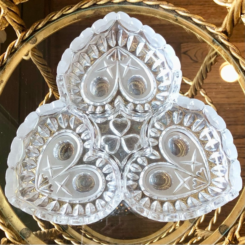 Vintage Crystal Hofbauer Heart Dish, Divided Candy Bowl Clover Love European